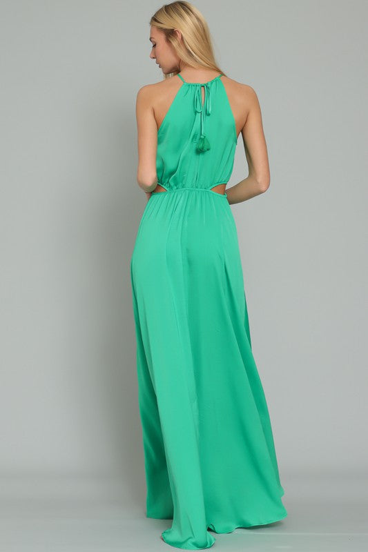 Back Emerald Elegance: Sleeveless Cut Out Waisted Maxi Dress