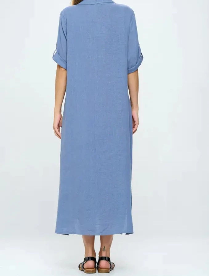 Back French Linen Maxi Dress Elbow Sleeve