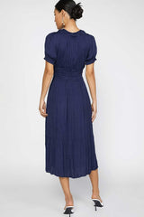 Back Navy Blue Pleated Midi Dress