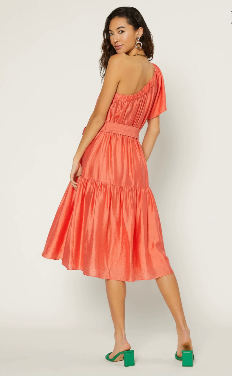 Back One Shoulder Orange Midi Dress