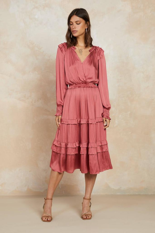 Baroque Rose Elegance: The Surplice Ruffled Tiered Midi Dress