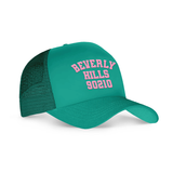 Beverly Hills Trucker Cap Green With Pink Puff Print