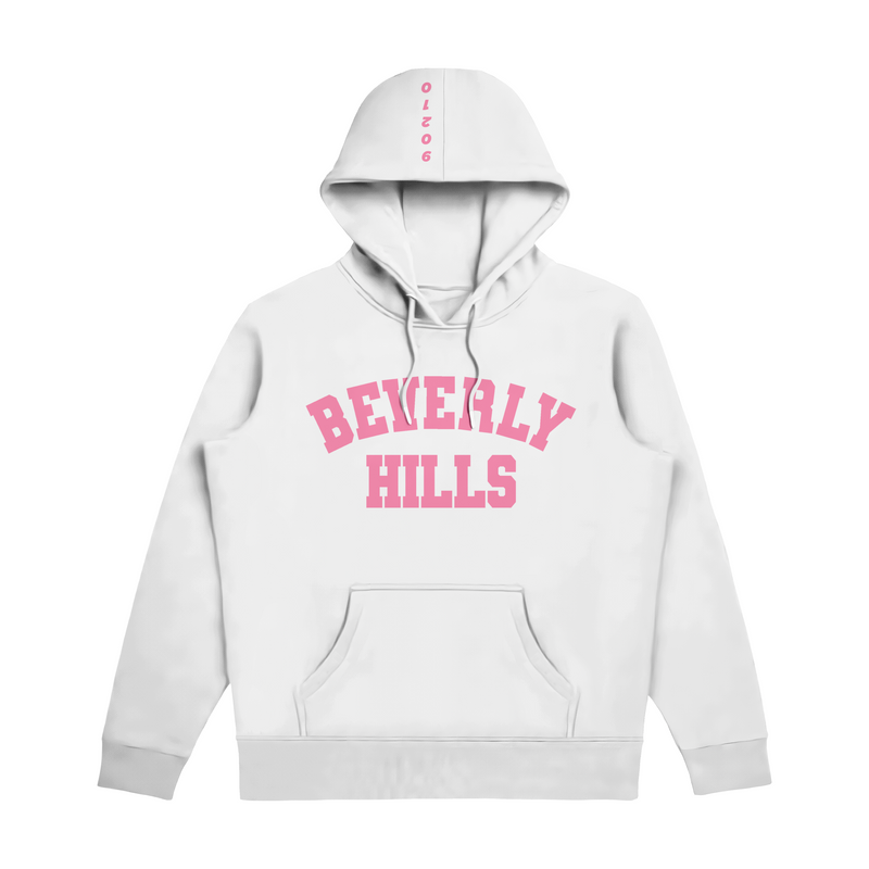 Beverly Hills White With Pink Puff Hoodie