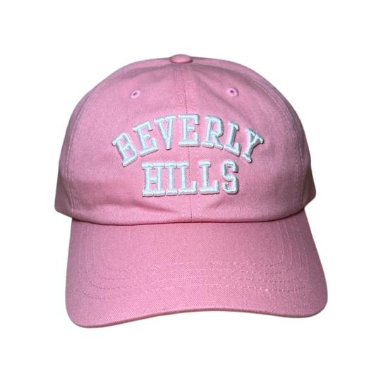 Beverly Hills pink cap with white letters 90210 