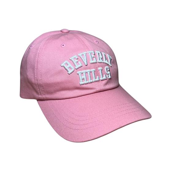 Beverly Hills pink cap with white letters 90210 