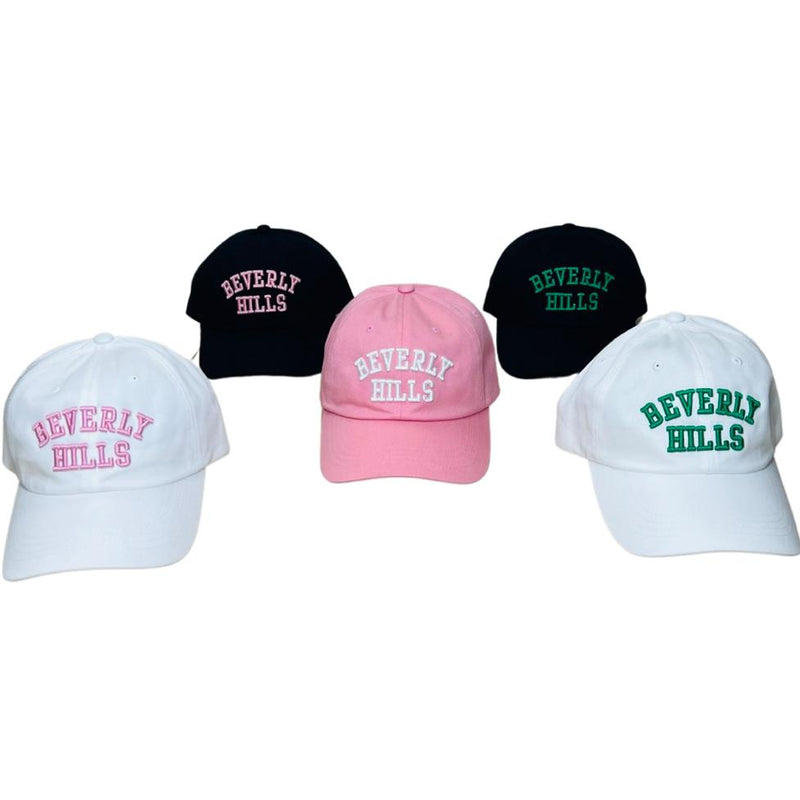 Beverly Hills pink cap with white letters 90210 