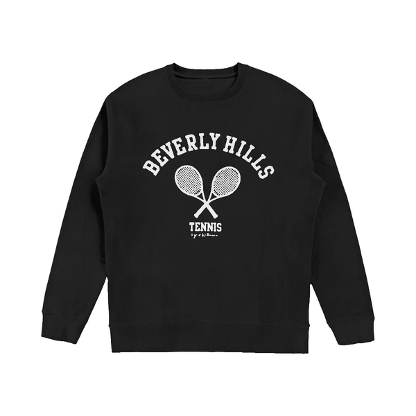 Black Beverly Hills Pullover Sweatshirt with White Tennis Racquet Design by Ingrid Wittmann