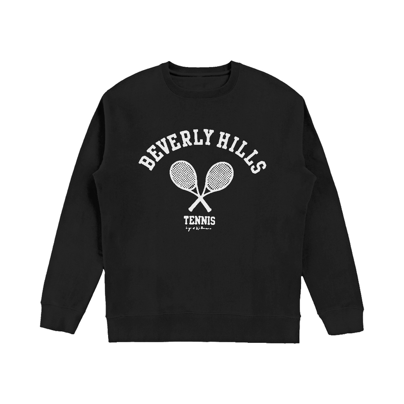 Black Beverly Hills Pullover Sweatshirt with White Tennis Racquet Design by Ingrid Wittmann