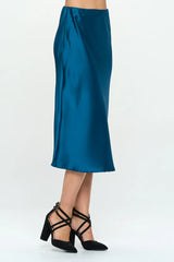 Blue Teal Satin Midi Skirt side