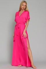 Blushing Beauty: The Pink Kimono Sleeve Belted Maxi Dress