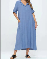 French Linen Maxi Dress Elbow Sleeve