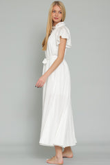 Graceful Sophistication: Short Sleeve Ruffle High Neck Belted Midi Dress Side