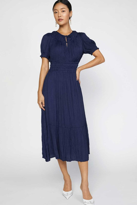 Navy Blue Pleated Midi Dress