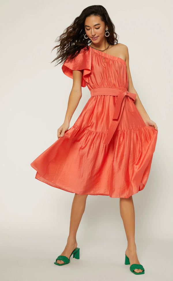 One Shoulder Orange Midi Dress