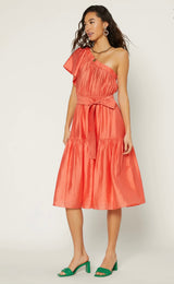 One Shoulder Orange Midi Dress Front 