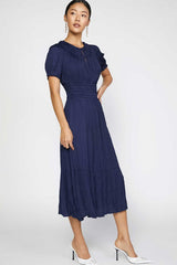 Side Navy Blue Pleated Midi Dress