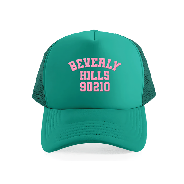 Beverly Hills Trucker Cap Green With Pink Puff Print