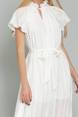 Zoom Graceful Sophistication: Short Sleeve Ruffle High Neck Belted Midi Dress