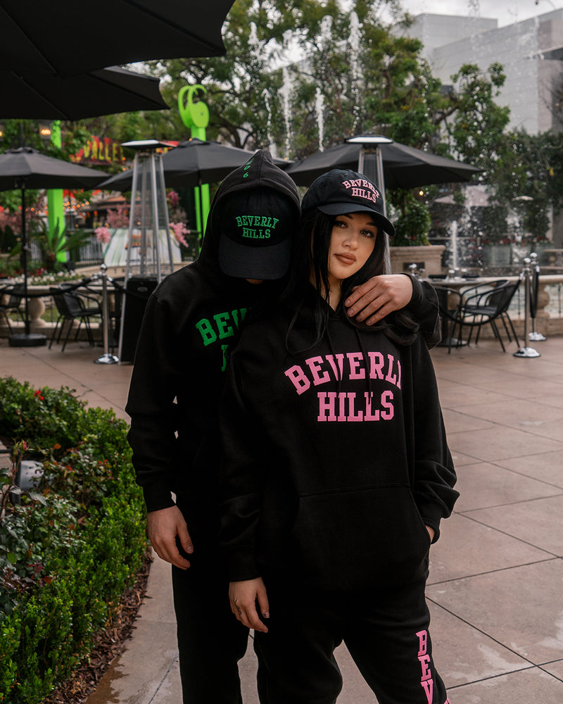 Beverly hills Hoodie black with pink letters puff 