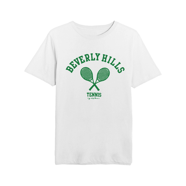 Tennis beverly hills club white t shirt with green letters 